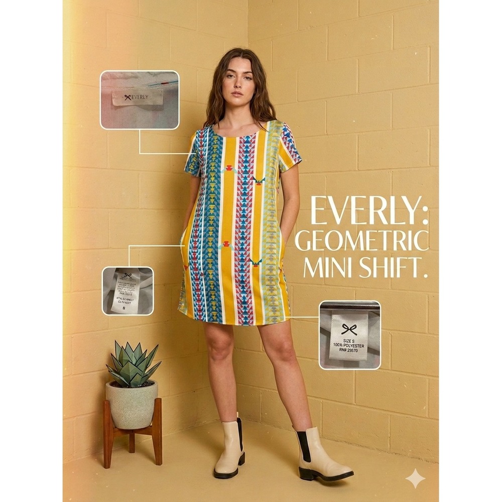 Everly Womens Shift Dress Sz S Multicolor Geometric Southwest Print Short Sleeve